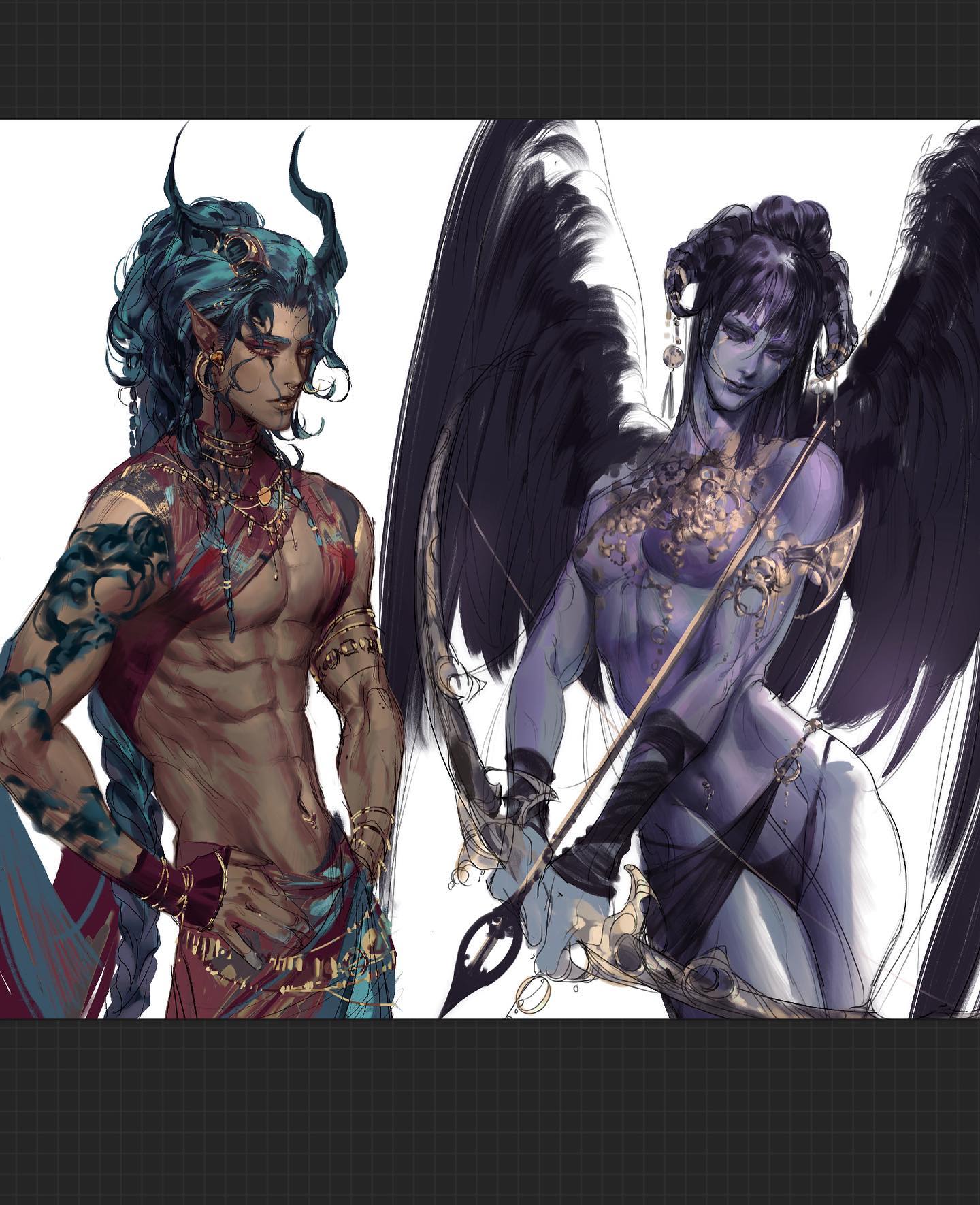 the image is a digital art illustration of two fantasy creatures. the one on the left is a male demon, with dark teal hair, horns, and a tattoo of a scorpion on his arm. he is wearing a red and gold outfit, and holding a curved sword in his right hand. he is standing in a relaxed pose, with his left hand on his hip. the creature on the right is a female angel. she has dark blue hair, horns, and a pair of large, black wings behind her. she is wearing a dark, revealing outfit, with a golden belt, and holding a bow and arrow in her right hand. she is standing in a dynamic pose, as if ready for battle. both creatures look fierce and powerful, and the contrast between their dark and light colors adds to their mystique. the illustration is very detailed, with intricate patterns on their clothing and weapons. the composition of the image is dynamic, with the creatures positioned in a way that creates a sense of movement. overall, the image is a visually stunning and imaginative piece of fantasy art.