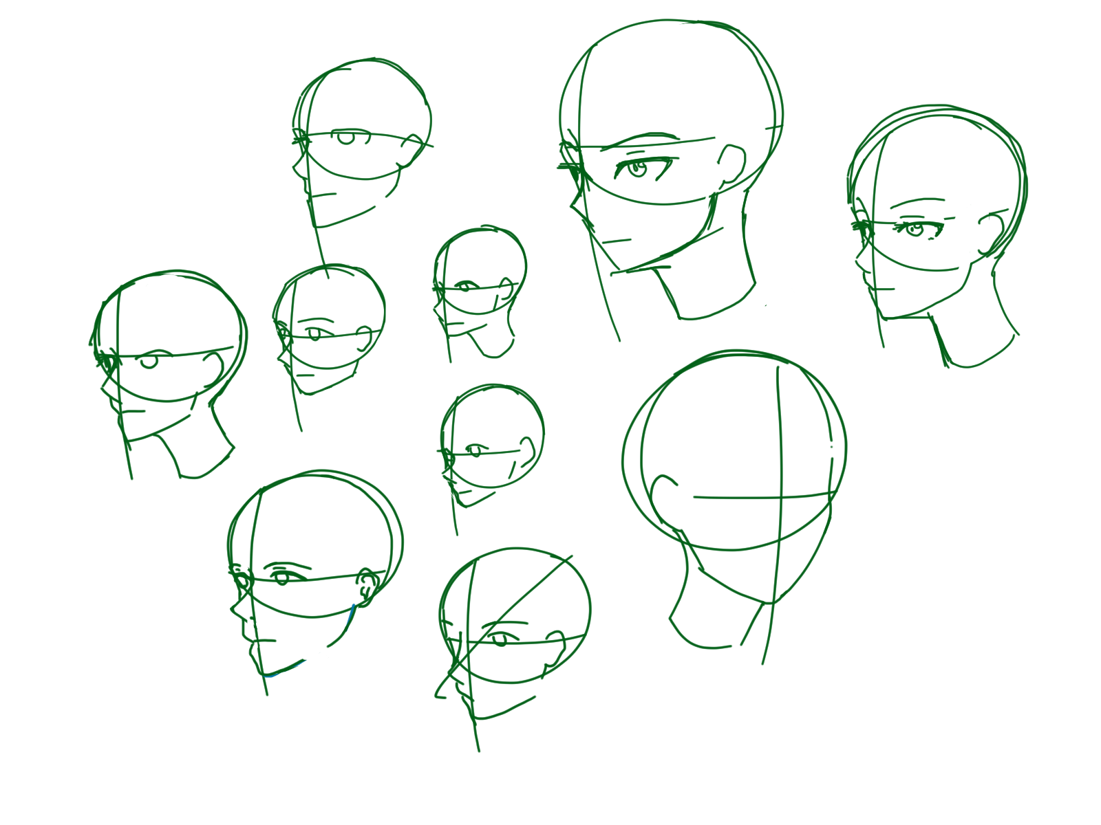the image contains multiple sketches of animestyle heads in various angles.  the sketches are done in green lines, showing different views (side profile, threequarter view, and near front views).  they appear to be practice drawings focusing on head shape and structure, possibly as part of a drawing tutorial or character design process.  simple guidelines are included in some of the sketches to help with proportions.