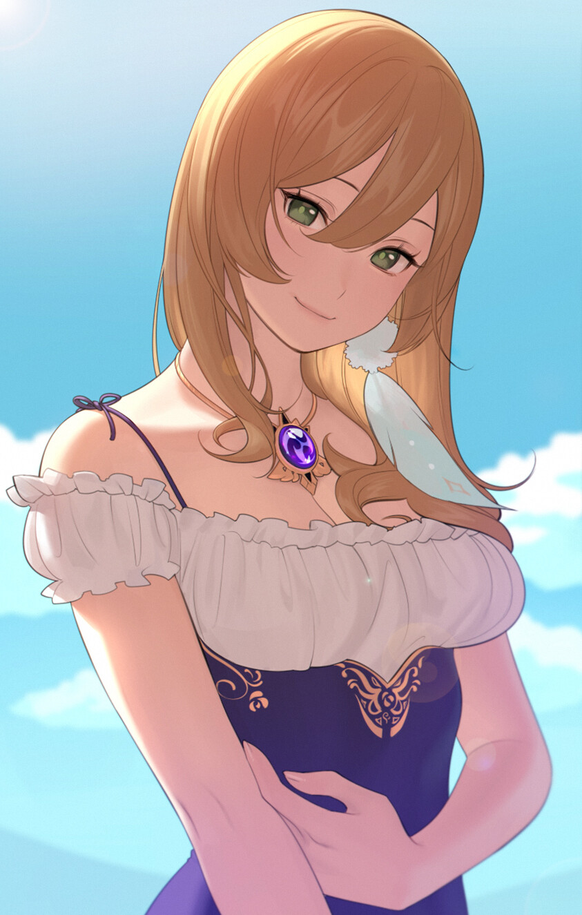 a digital drawing of a young woman with long, flowing blonde hair and captivating green eyes. she smiles gently at the viewer. her attire consists of a charming blue and white summer dress with an offtheshoulder design, adorned with delicate gold embellishments. the sunlight softly illuminates her features, creating a warm and inviting atmosphere.