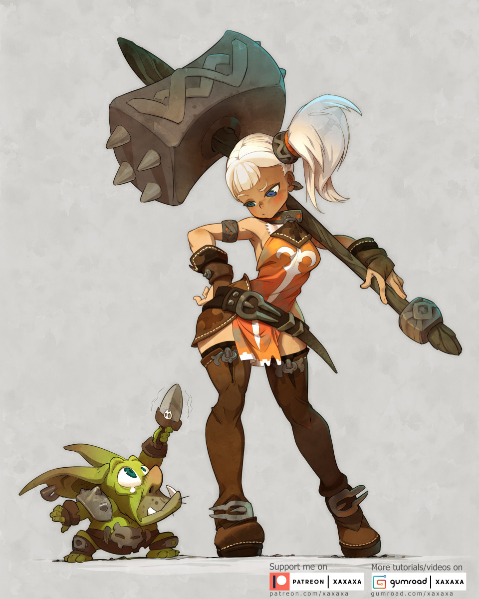 an illustration of a female warrior with a large hammer and a small goblin creature. the warrior is wearing orange and brown armor, while the goblin is dressed in dark green. the warrior has a mischievous expression on her face, while the goblin seems scared.  they are both standing on a gray background.