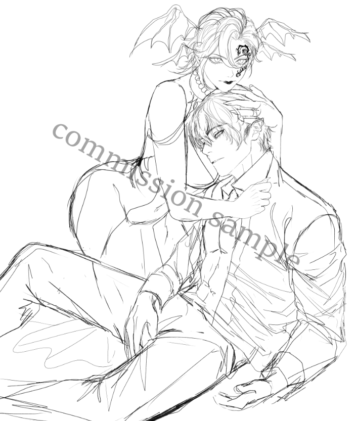 a line art drawing of a couple hugging. the woman is a demon with wings and a dress, the man is wearing a shirt and pants. they are drawn in a romantic style with a slight gothic touch.