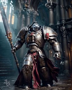 the image showcases a heavily armored, futuristic warrior standing amidst the ruins of a gothic cathedral. the warrior, rendered in intricate detail,  dominates the composition.  he holds a massive swordlike weapon, its point resting on the ground. his armor, a blend of silver, gold and red, reflects the dramatic, moody lighting that bathes the scene. the low camera angle emphasizes the warrior's imposing stature and the grandeur of the setting.