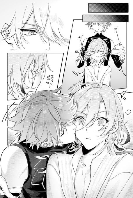 he image is a mangastyle illustration depicting a scene of intimacy between two young men.  one with long, lightcolored hair is receiving a kiss on the cheek from another with shorter, darker hair. they are dressed in stylized clothing. in a smaller panel, there are two additional figures; a young man with white hair appears to be styling the hair of another, suggesting a connection between the panels.  the art style is clean and expressive, focusing on the characters' emotions and relationships. the overall mood is romantic and tender.