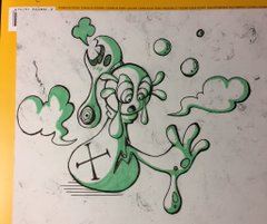 this is a cartoon drawing of a green character with a cross on its chest. the character has a large head and small body with long arms. it appears to be melting and there are bubbles and smoke around it.
