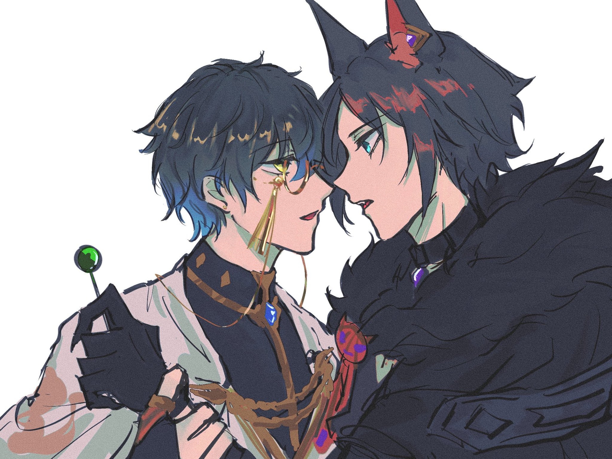 the illustration depicts two anime characters. the one on the left has blue hair and yellow eyes. he is wearing a white and gold outfit with a black collar and a long gold chain necklace. he is holding a green lollipop and has a playful smile on his face. the character on the right has black hair with red streaks and red wolf ears. he is wearing a black outfit with a purple necklace and a red scarf. he is looking at the other character with an intense expression. they are very close to each other and seem to be in a romantic relationship. the background is white.