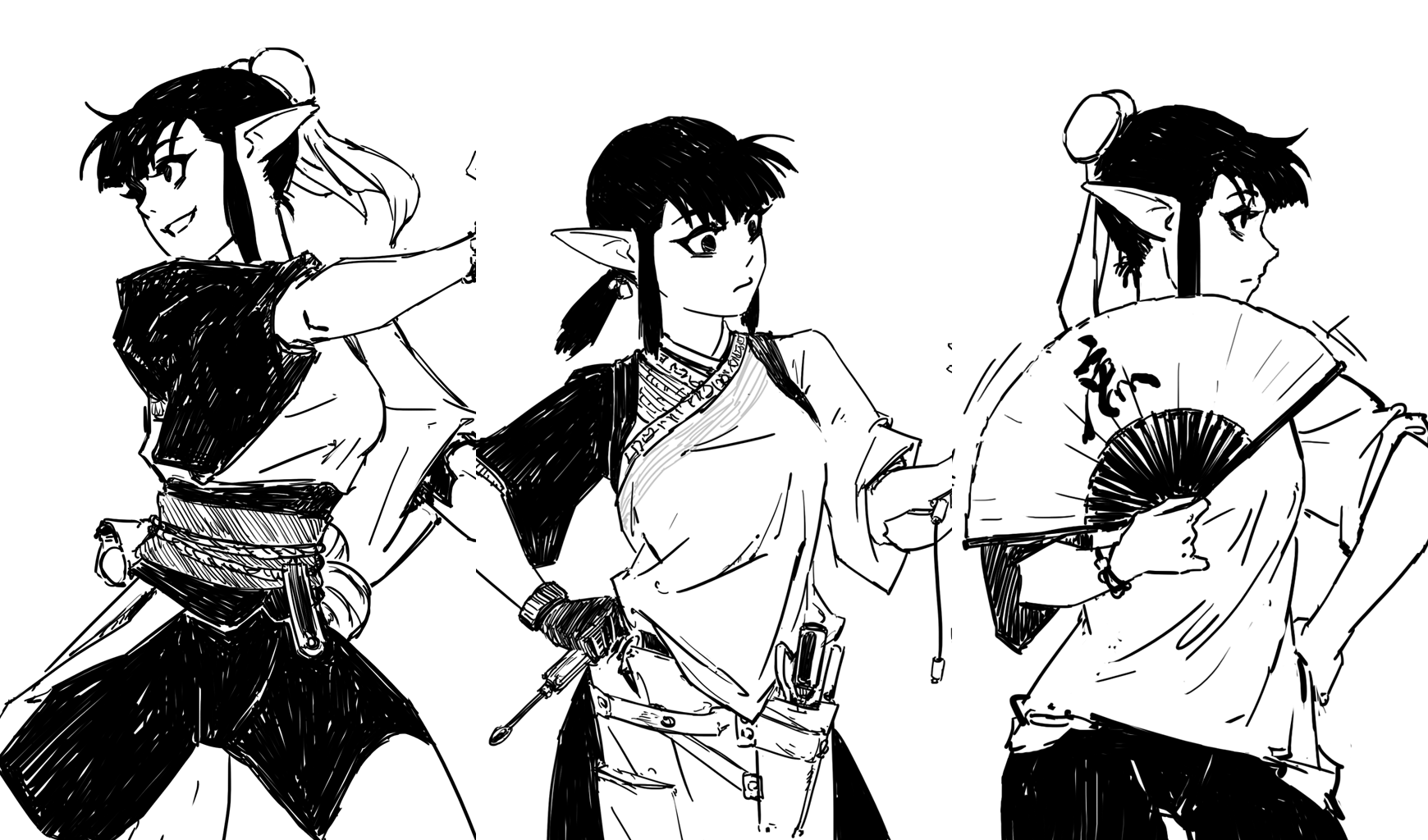 he image contains three sketches of an animestyle female elf character in different poses. the first one is shown midaction, the second is in a more relaxed but still dynamic pose, and the third one is holding a hand fan, looking to the side. all three possess pointy ears and similar facial features, wearing different outfits,  but in a consistent style. the art style is black and white, with a sketchy and dynamic quality. one of them is wearing a utility belt with tools, indicating they may be a mechanic or some other profession requiring handson work.  the overall impression is of a character design concept sheet, exploring different poses and appearances of a single character.