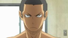 a closeup shot of an anime character with short black hair, brown eyes, and a serious expression. he is shirtless, showcasing his tan, muscular build. the setting appears to be indoors, possibly a locker room, with soft lighting illuminating the scene.
