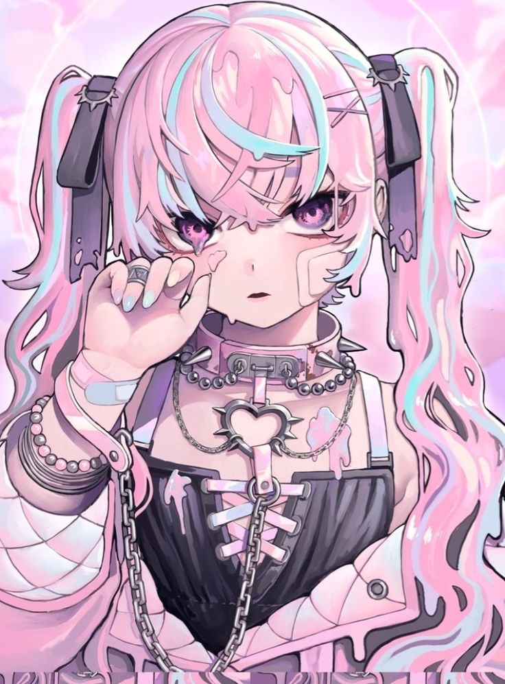 a closeup of an anime girl with pink and blue hair, wearing gothinspired clothing and accessories, including chains, a choker, and bracelets. she is crying and her hand is bandaged. the image is set against a pastel background and has an overall grunge aesthetic.