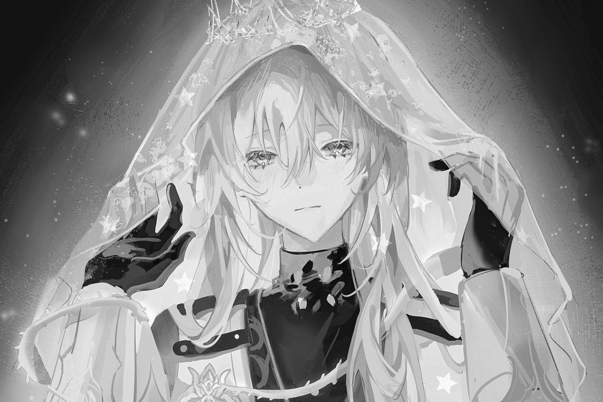a grayscale anime illustration of a girl with long flowing white hair. she is wearing a crown and veil that are draped over her head and shoulders. she looks sad and as if she is crying. her eyes are closed and she is looking down. the image is stylized and has a dramatic feel to it.