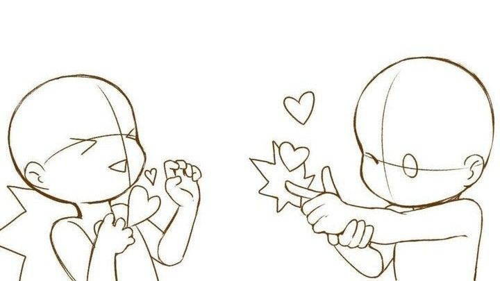 the image shows a line art drawing of two chibi figures in a cute, playful pose. one figure is pointing a finger like a gun, with a starburst and heart emanating from the fingertip. the other figure is reacting with a hand to their chest, as if they are affected by the 'love bullet'. hearts are drawn around the figures to emphasize the theme. it appears to be a base or template drawing for animation or art.