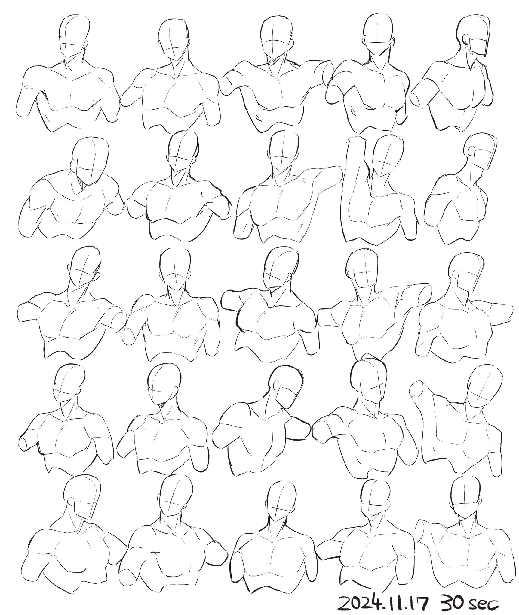 he image contains a collection of quick sketches of male torsos, demonstrating various poses and angles.  the style is simple line art, focusing on the overall form and gesture rather than detailed musculature.  each sketch appears to be a 30second study, suggesting a focus on speed and capturing the essence of the pose. the sketches are arranged in a gridlike pattern on a white background.  the date "2024.11.17 30 sec" is visible in the bottom right corner, indicating the date and time taken for each individual sketch.