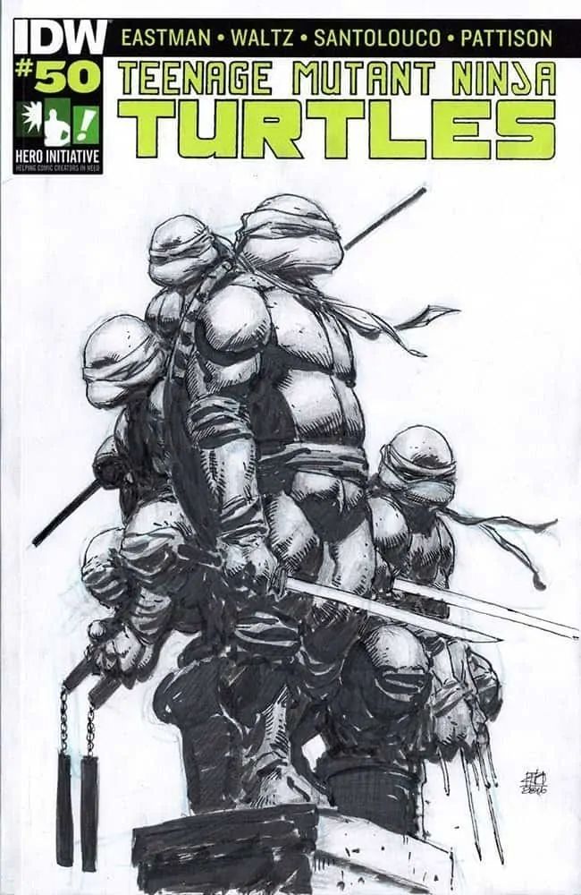 this is a comic book cover for teenage mutant ninja turtles. the cover art is in black and white and features the four turtles in a fighting pose.  the turtles are all armed with their respective weapons, including katanas, nunchucks, and a sai.  the background is a simple black and white gradient.  the cover is designed in a dynamic way to depict the turtles' actionpacked nature.