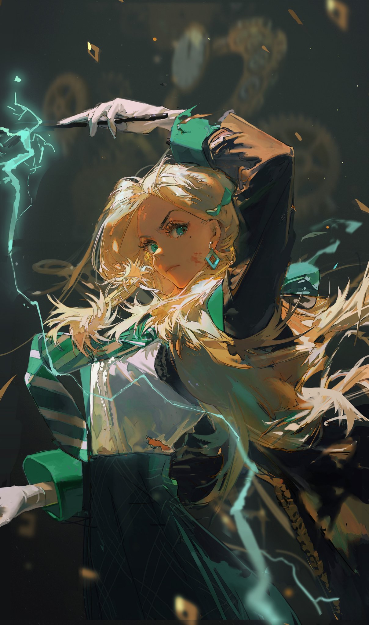 this is a digital illustration of an animestyle woman. she has long blonde hair, green eyes, and is wearing a green and white dress and cloak. she is holding a wand and casting magic, with lightning coming from the wand and her hands. the background is dark and shadowy.