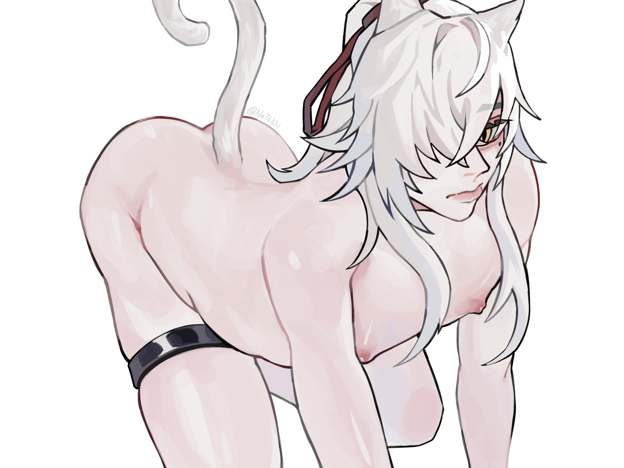 this is a digital illustration of an anime male character. the character is dressed in a black choker, has white hair and a white cat tail. the illustration is