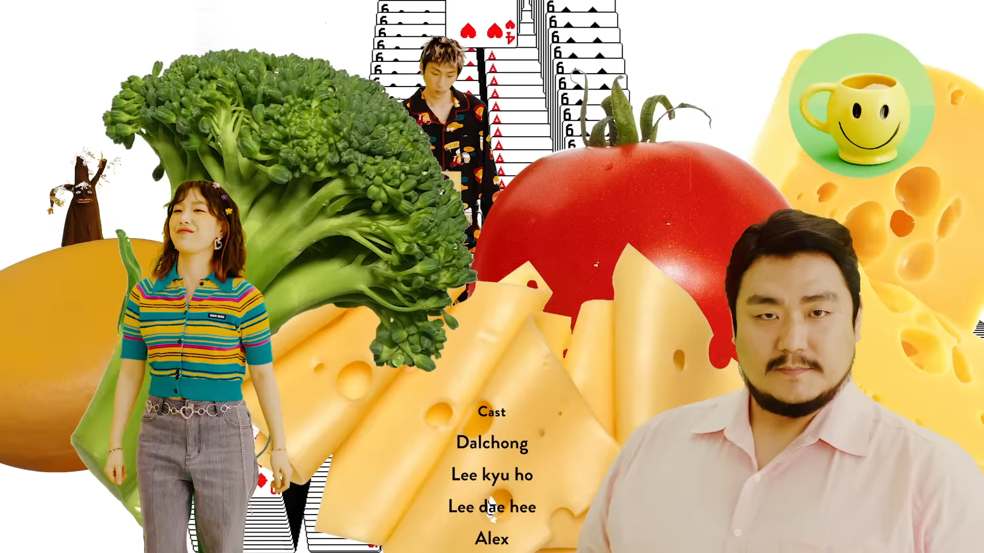 the image is a collage featuring the cast of the south korean variety show "single's inferno." the show is about single people living together on a deserted island and competing for love. the collage includes images of the cast members, as well as food items such as cheese, broccoli, and tomatoes. the image is brightly lit and has a playful feel.
