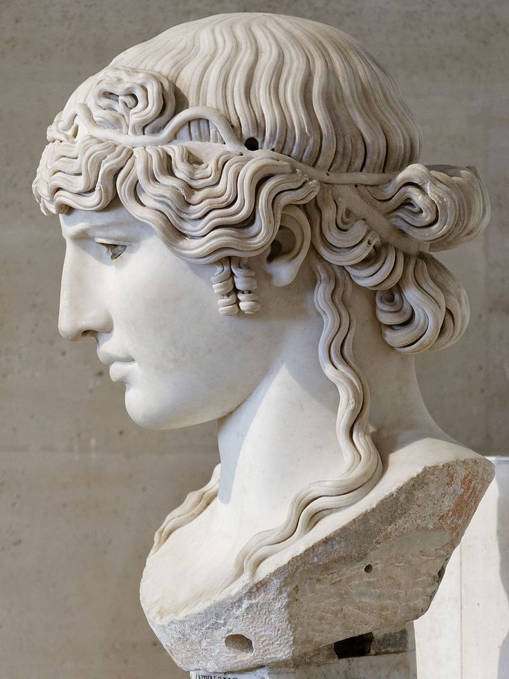 a marble bust of a woman in profile. the sculpture is of classical style with intricate details in the hair and headdress. it is an artwork likely found in a museum setting, representing ancient greek or roman aesthetics.