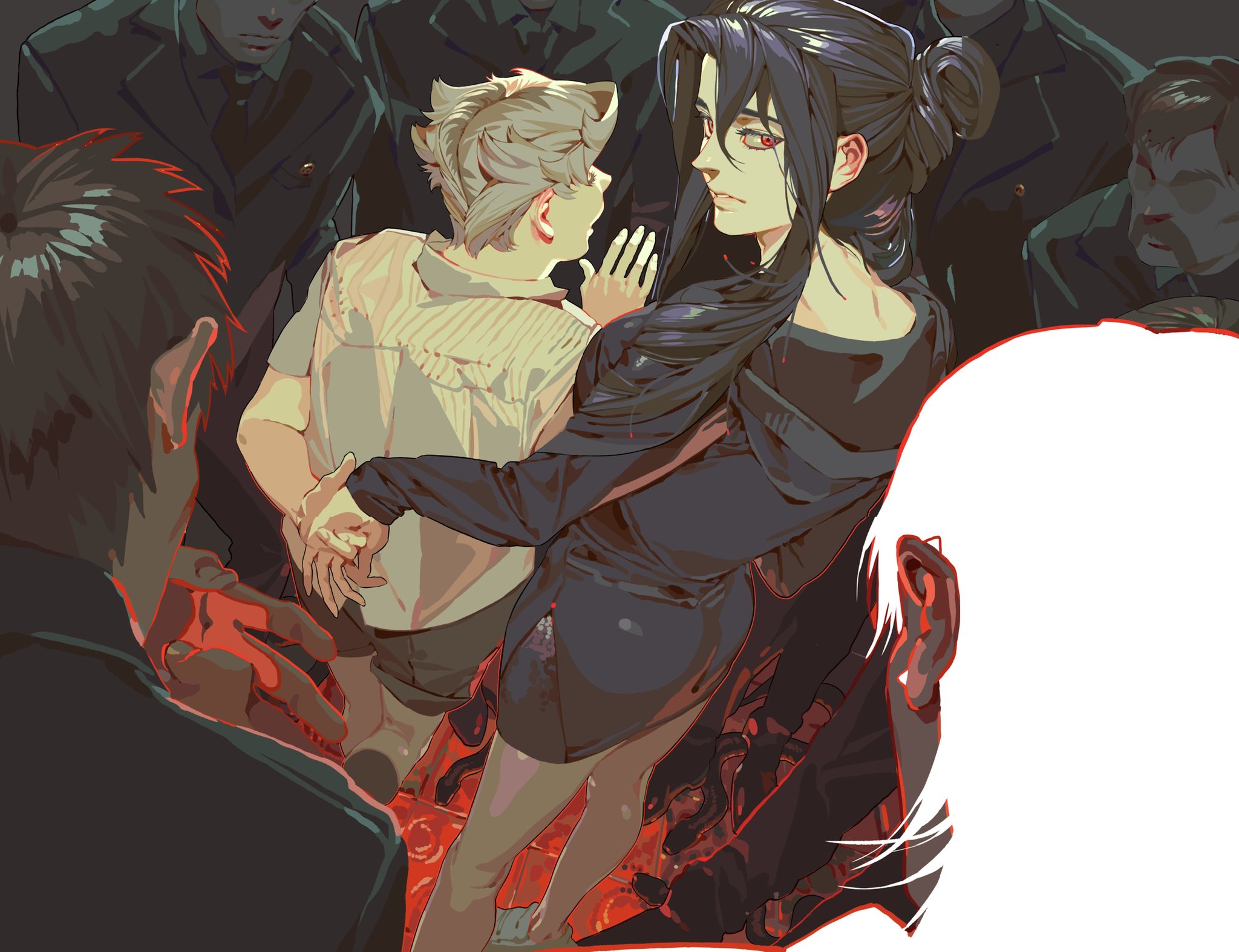 a digital illustration depicts a scene in what appears to be a nightclub or similar venue. a female animestyle character with long, dark hair styled in a bun, red eyes, and wearing a dark dress and a black jacket, stands facing a male character. the male character has blonde hair and is wearing a lightcolored shirt and shorts. they are holding hands, creating a sense of intimacy or tension between them. they are surrounded by a crowd of people wearing suits, with faces that are somewhat obscured. the lighting is dark with red accents, enhancing the mood. part of another person is seen on the right side of the image.