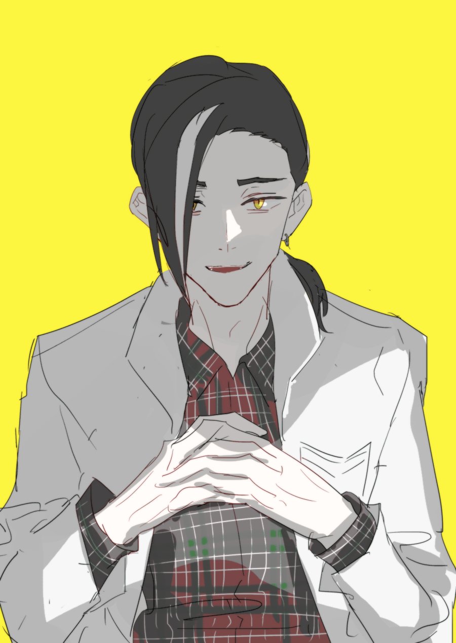 this is a digital illustration of a young man with black hair and gold eyes. he is wearing a white jacket and a red and black plaid shirt. he is smiling and has his hands crossed in front of him. the background is yellow.