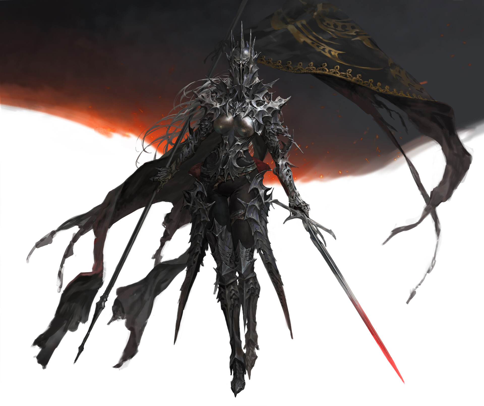 a female warrior stands poised for battle, clad in intricate black armor adorned with sharp spikes. her long, flowing white hair contrasts sharply with the darkness of her attire. she wields a long, redtipped sword in her right hand and holds a tattered black flag with a golden emblem in her left. her helmet features a menacing crownlike design, further emphasizing her intimidating presence. the background is a stark white, with a splash of fiery red and black behind her, creating a sense of drama and power.