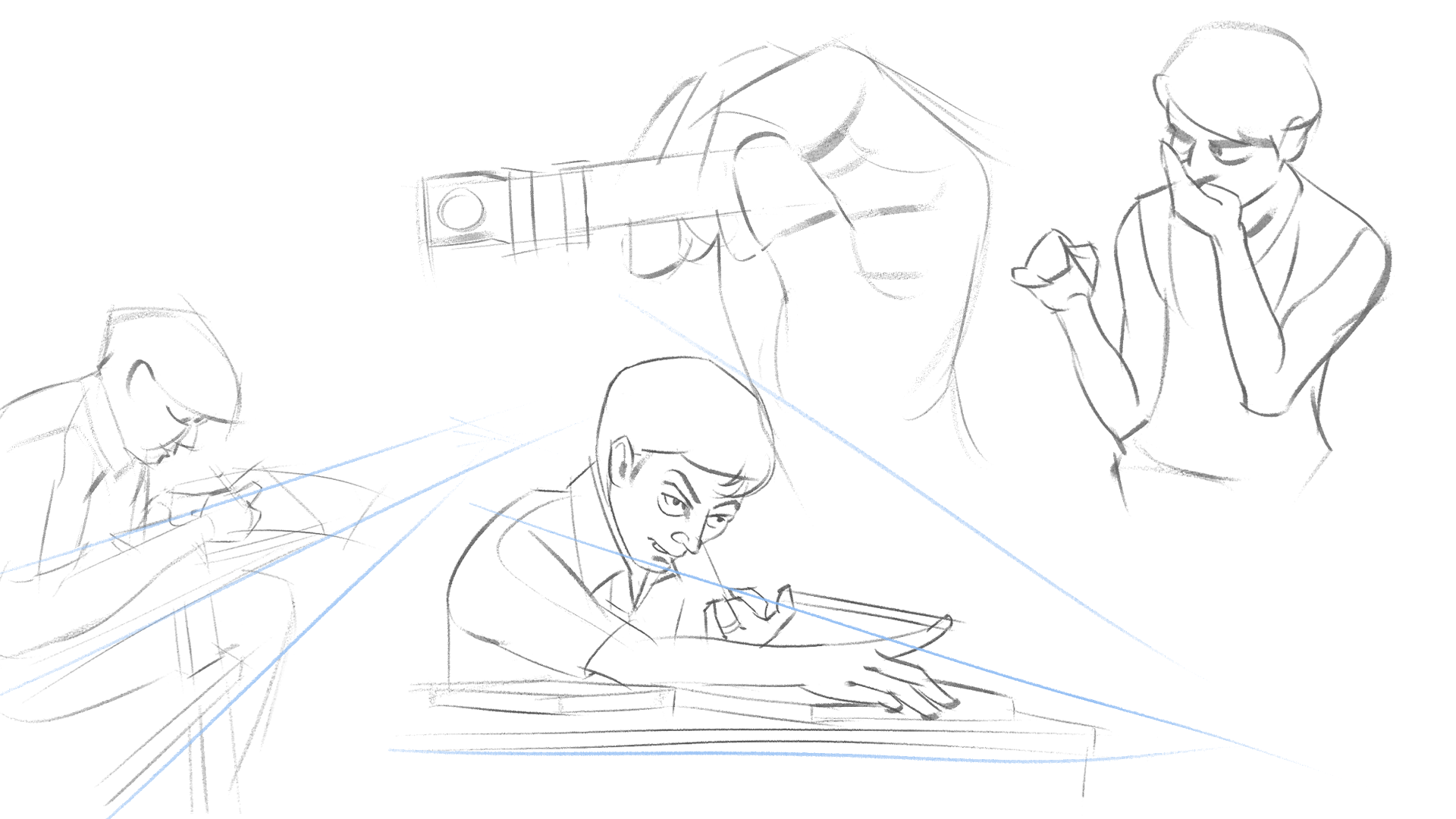 a sketch drawing of four people in a studio. one person is sitting at a desk drawing, another is looking down thinking, another is holding a pencil, and another is leaning back while holding their chin in thought.  all four are dressed in casual clothing.