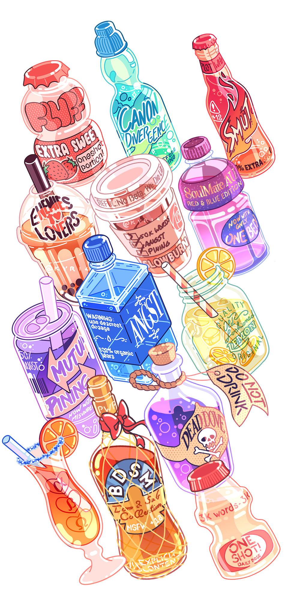 the image is a vibrant, whimsical illustration in an animeinspired style showcasing a variety of stylized drinks and beverages.  the collection includes bottles of soda (including ramune), cans, jars of juice, a boba tea, and even a cocktail.  each drink has a unique and often playful label, suggesting fantastical or playful names and descriptions. the overall style is cute and colorful, with a focus on eyecatching design elements. the illustration could be described as a collection of imaginary drinks, or potentially artwork for a game or similar media.