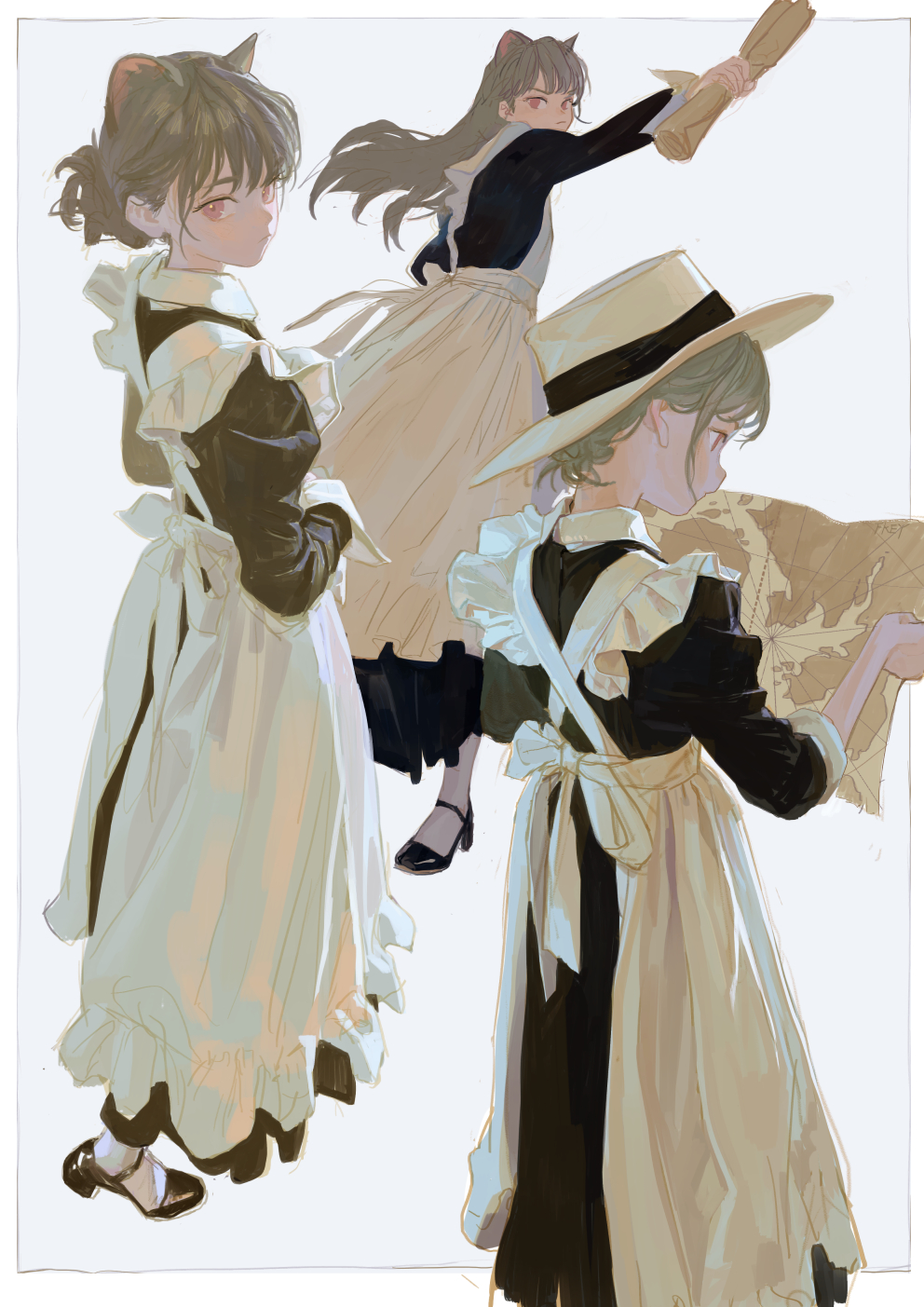 the image shows three animestyle girls wearing maid dresses. two of the girls have cat ears. one is holding a map and wearing a straw hat, another is holding a scroll, and the third is looking off to the side. they are all standing against a white background.