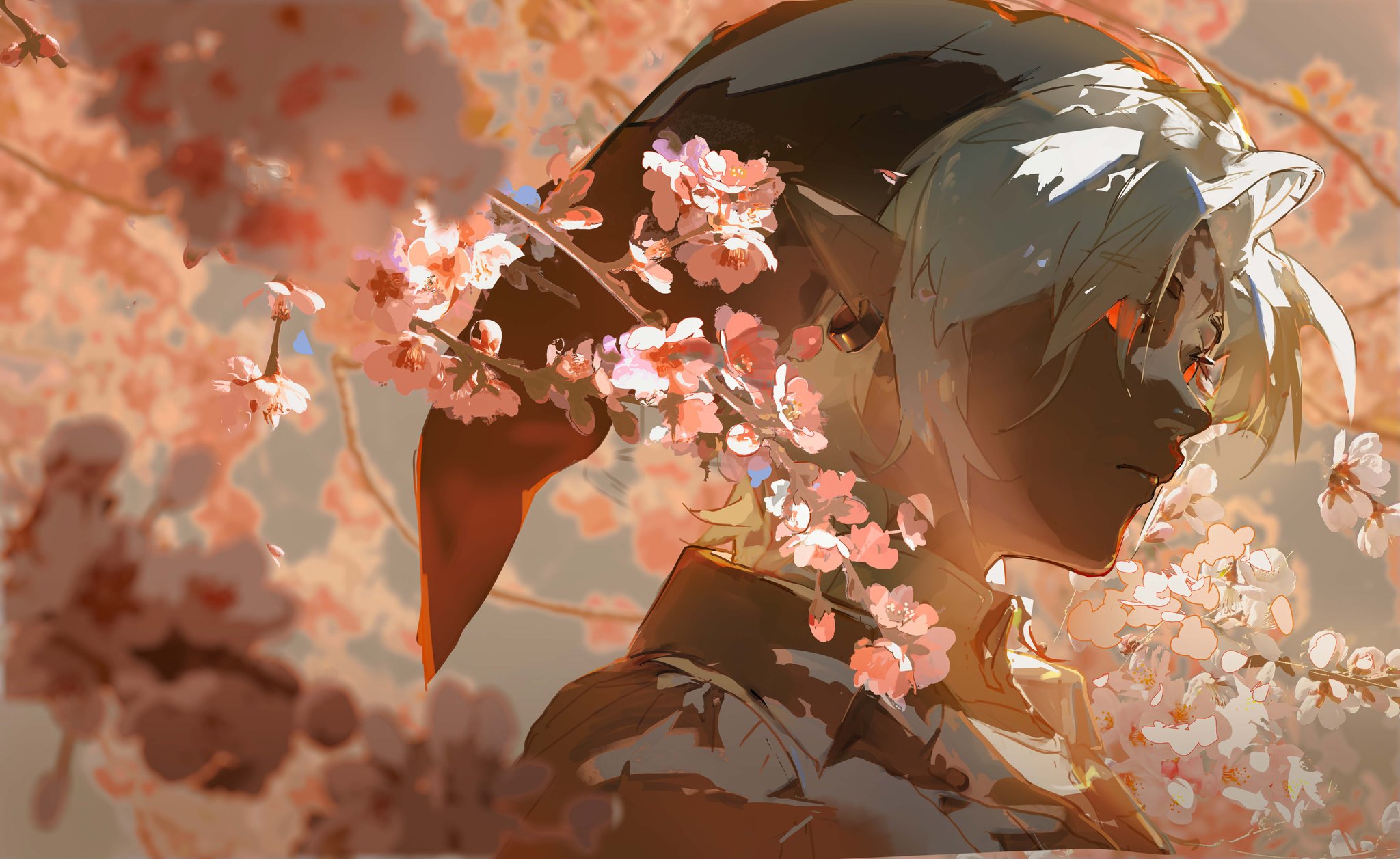 a digital illustration of link from the video game, "the legend of zelda," surrounded by pink cherry blossoms. the style is reminiscent of anime. the lighting is soft and the piece is backlit, giving it a warm and ethereal feel.