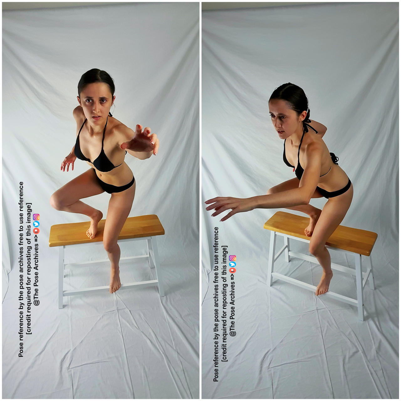 the image shows a woman in a black bikini posing on a wooden stool against a white background. she is captured in two dynamic poses, suggesting movement and action, ideal for figure drawing or art reference. the lighting is bright and even, highlighting her form and the details of the pose.