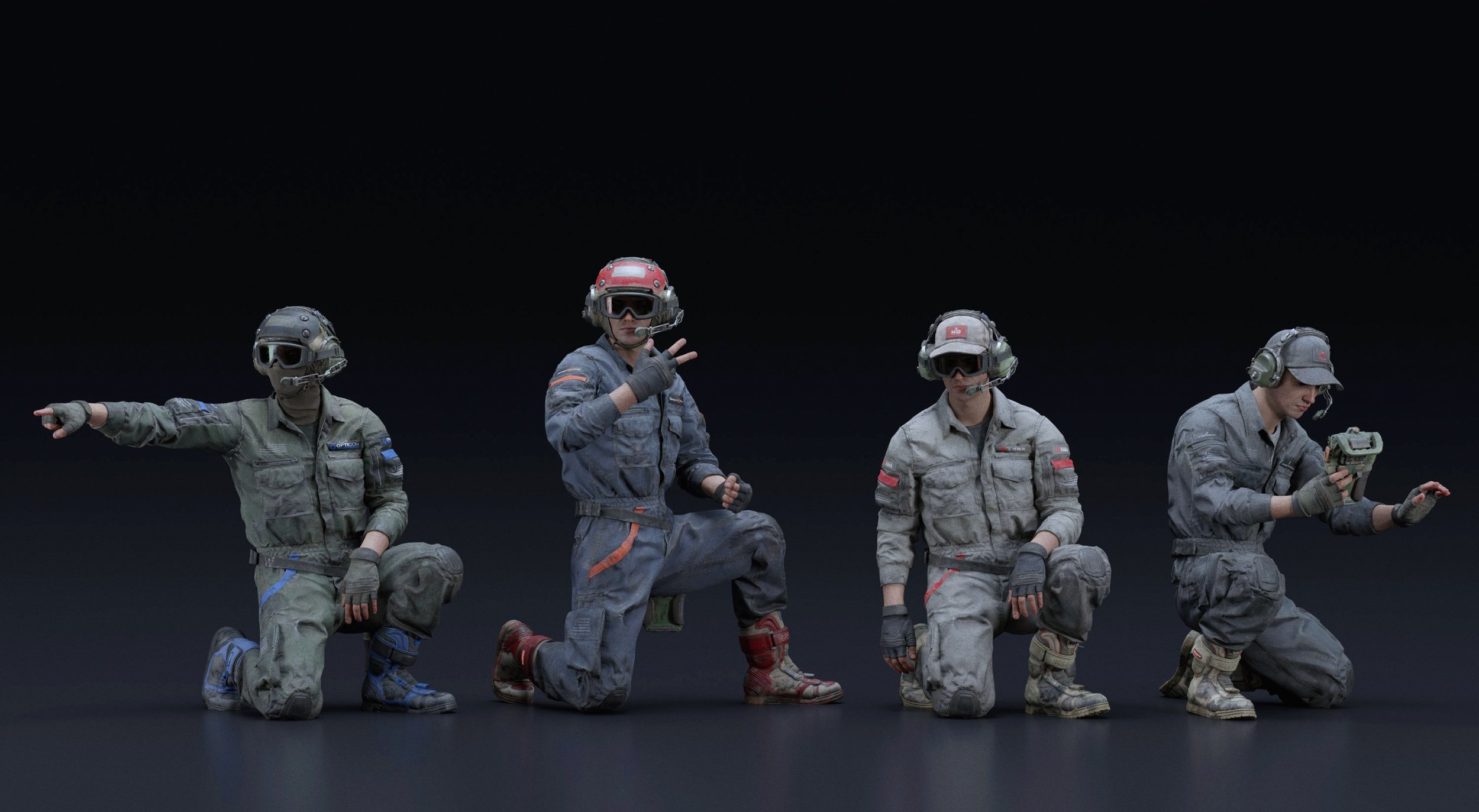 a 3d rendered image showcases four soldiers in various tactical poses against a dark background.  each soldier is wearing a different helmet and protective gear, along with a combat uniform.  they are depicted in a slightly worn, gritty style suggesting combat or fieldwork. one soldier is pointing, another is making a peace sign, one is inspecting a device, and one is in a neutral pose. the level of detail in the rendering is high, showing texture and wear on the uniforms and equipment. the scene appears to be from a video game or similar digital medium.