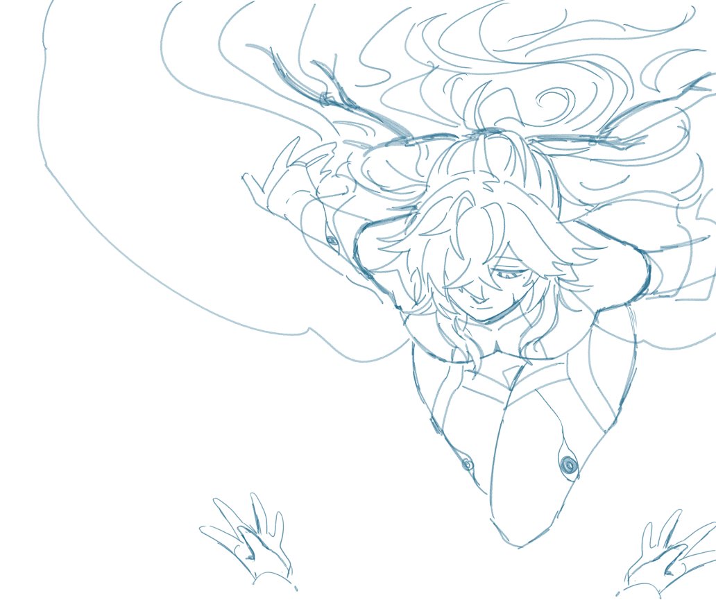 a line art drawing of an anime girl with long hair, falling with her hands reaching out. the girl has a sad expression on her face.
