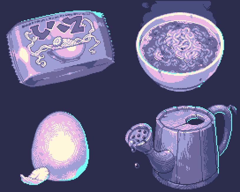 his image is a pixel art illustration featuring four distinct items: a package of instant ramen noodles, a bowl of ramen, a cracked egg, and a watering can.  the style is reminiscent of retro video games, with pastel purple and light yellow colors dominating the palette. each object is rendered with a low resolution, blocky style characteristic of pixel art. the overall aesthetic is cute and whimsical.