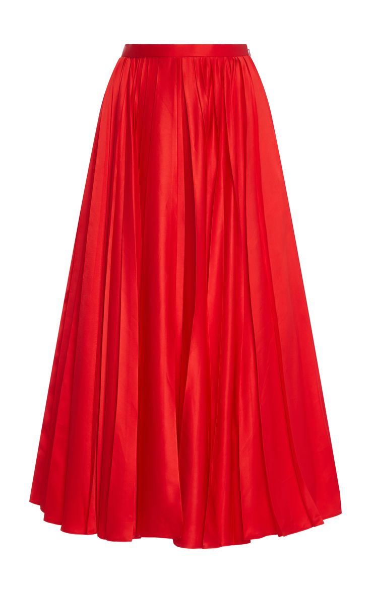 a long, red satin skirt with pleats, a high waist and a flowy silhouette. the skirt is a formal piece of clothing that would be perfect for a special occasion. it is elegant and feminine, and would look great with a simple top or blouse. the skirt is made of highquality satin and has a luxurious feel. it is a statement piece that will turn heads.