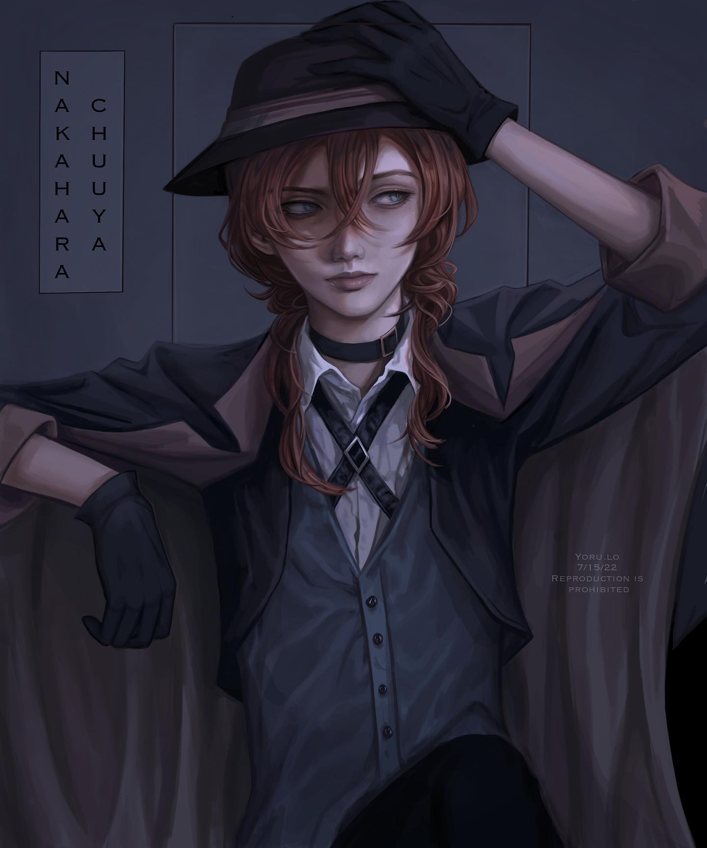 the image is a digital painting of chuuya nakahara, a character from the anime bungou stray dogs. he's depicted in a stylish, dark outfit, wearing a fedora hat and gloves. his expression is serious and somewhat melancholic.  the art style is highly stylized with a focus on atmospheric lighting and dark tones, creating a moody and elegant mood. the background is relatively simple, allowing the character to be the focal point. the artist's signature and a reproduction warning are visible in the lower right corner. the name "chuuya nakahara" is written vertically in a stylized font on the left side of the image.