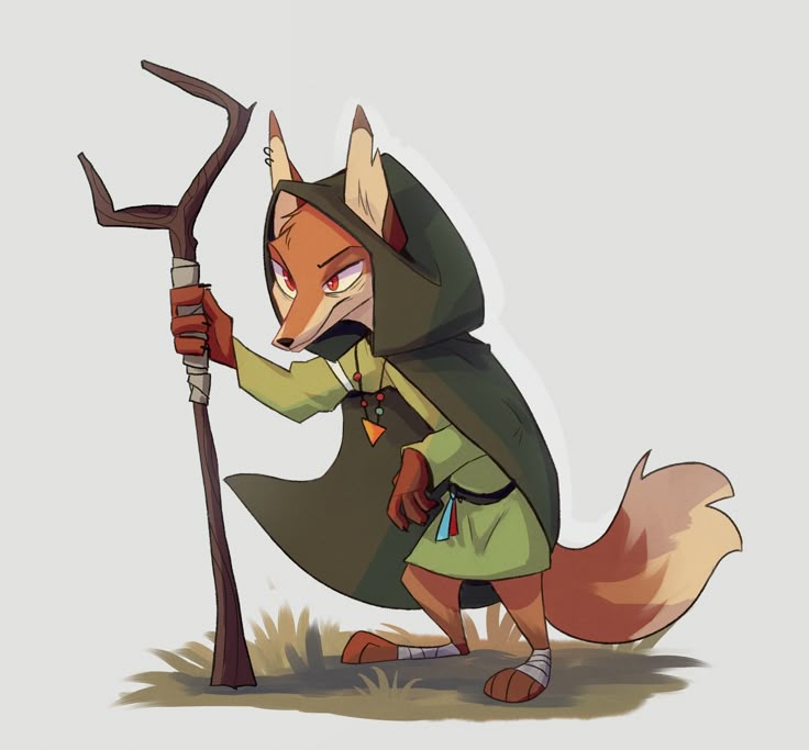 a cartoon illustration of an anthropomorphic fox character. the fox is standing and holding a wooden staff wrapped with bandages. it is wearing a green tunic, a dark green hooded cloak, and a necklace with geometric pendants. the fox has a bushy orange and white tail, and its feet are also wrapped in bandages. the background is a light grey, with a patch of grass at the fox's feet. the style is reminiscent of cartoon or animation art, with clear outlines and shading.