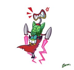a cartoon character with a red cape and hat with a green robot on its head.  the robot has rockets on each side of its head.  all on a white background.
