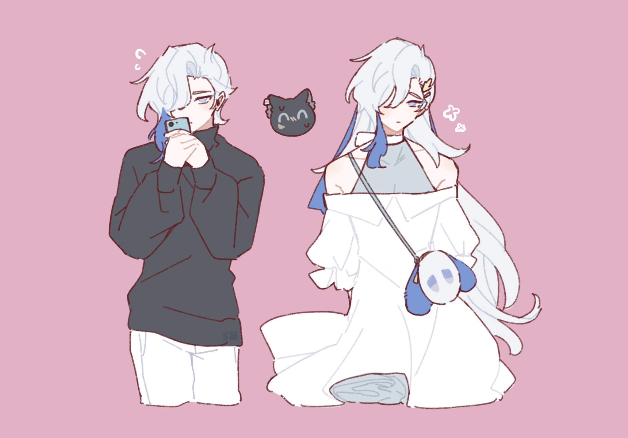 the image is a digital drawing, likely fanart, depicting two animestyle characters, possibly twins or siblings, who share similar facial features and white hair, but differ in their attire. the character on the left is wearing a black sweater and white pants, looking down at a phone. the character on the right is in a white offshoulder dress with a blue handbag, sitting down. both characters have a soft, slightly chibilike appearance.  the style is soft and pastel, with a pink background, creating an overall aesthetic and cute vibe. a small black catlike plushie appears in the background between the two characters.