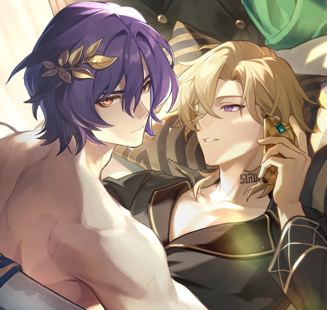 a depiction of two anime boys, one with purple hair and the other with blonde hair, leaning against each other in a romantic embrace. the purplehaired boy has a gentle expression, while the blondehaired boy looks at the viewer with a slight smirk. the blonde boy is holding a gold and green phone. they are both dressed in casual attire. the setting appears to be a bedroom, as there is a bed and pillows in the background. the overall tone of the image is warm and affectionate.