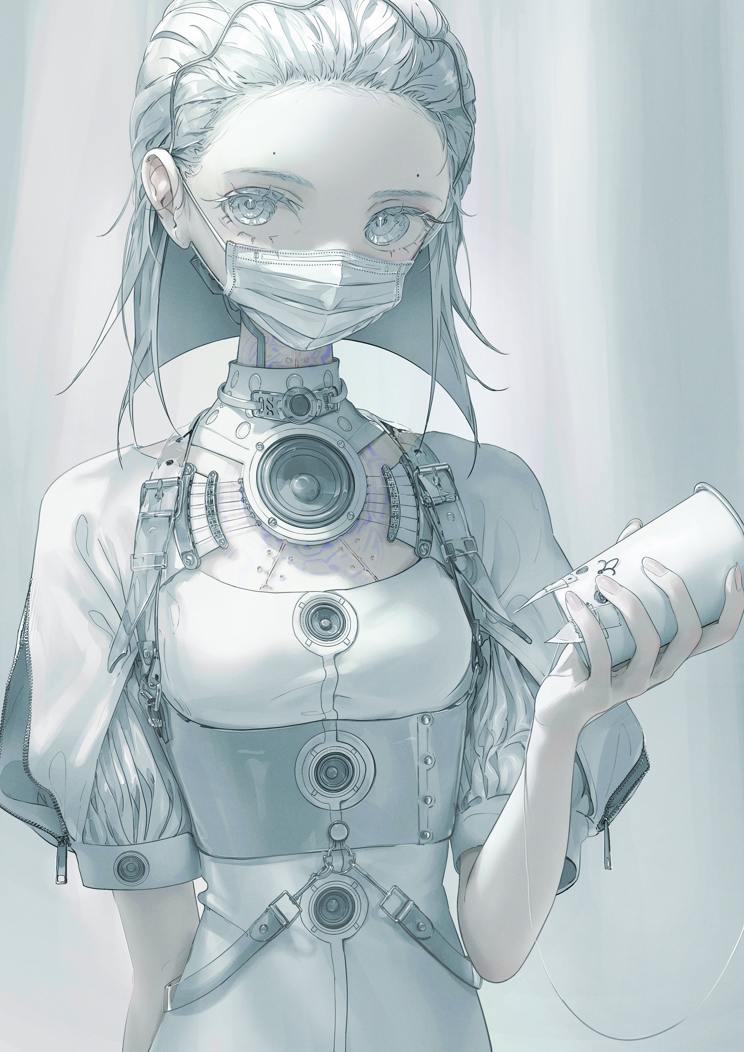 a closeup illustration of a young woman with white hair, wearing a white dress with black straps and buckles, and a white face mask. she has large blue eyes and her hair is pulled back off her face. she is holding a crumpled paper cup in her right hand. the background is a soft grey, with the light coming from the right side of the frame. the image has a soft, gentle feel to it, and the woman's expression is calm and neutral.
