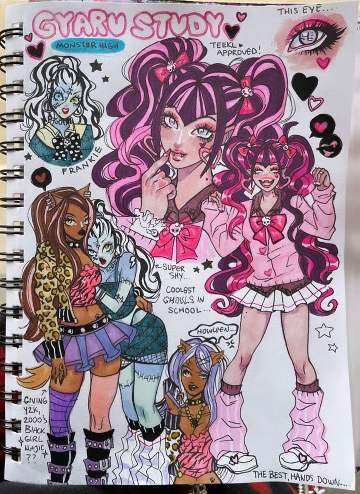 a sketchbook drawing of different monster high characters. the characters are dressed in different fashion styles including, pink sweaters, black skirts, purple leggings, and leopard jackets.  there are several star and heart stickers around the drawing. the characters are all drawn in a stylized anime style with large eyes. the handwriting suggests that this is a fan made drawing.
