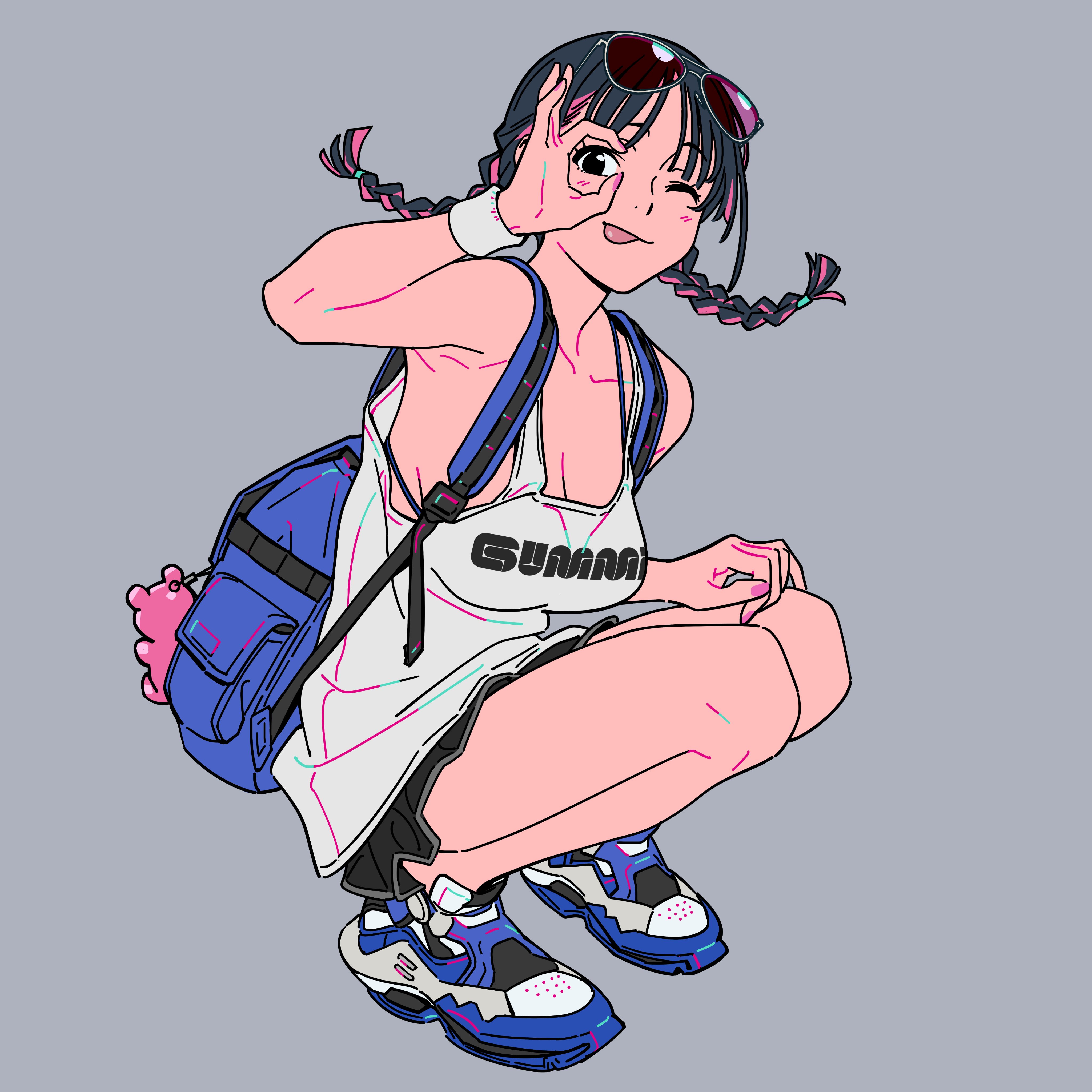 the image is a vibrant digital illustration in a style reminiscent of anime and manga. it depicts a young woman with dark hair styled in braids, wearing sunglasses, a white tank top with a stylized logo, and blue sneakers. she is crouching down, making an "ok" hand gesture near her eye. she's carrying a blue backpack with a small pink accessory attached. the overall style is trendy and playful, using bright colors and bold lines. the background is a simple, muted grey, allowing the character to be the focal point. the art style suggests a youthful and energetic personality.