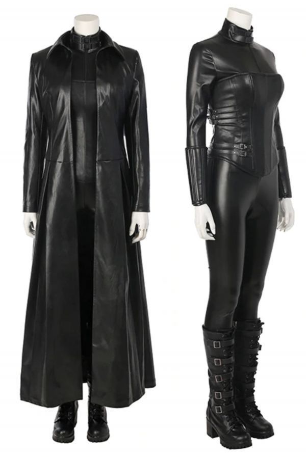 this is a cosplay costume for a fictional female character. she is wearing a long black leather coat over a black leather jacket with matching pants. she has black leather boots with buckles. she's in a pose that looks very confident and dangerous. she has a mysterious and alluring look that makes her appear to be a cool and powerful character.