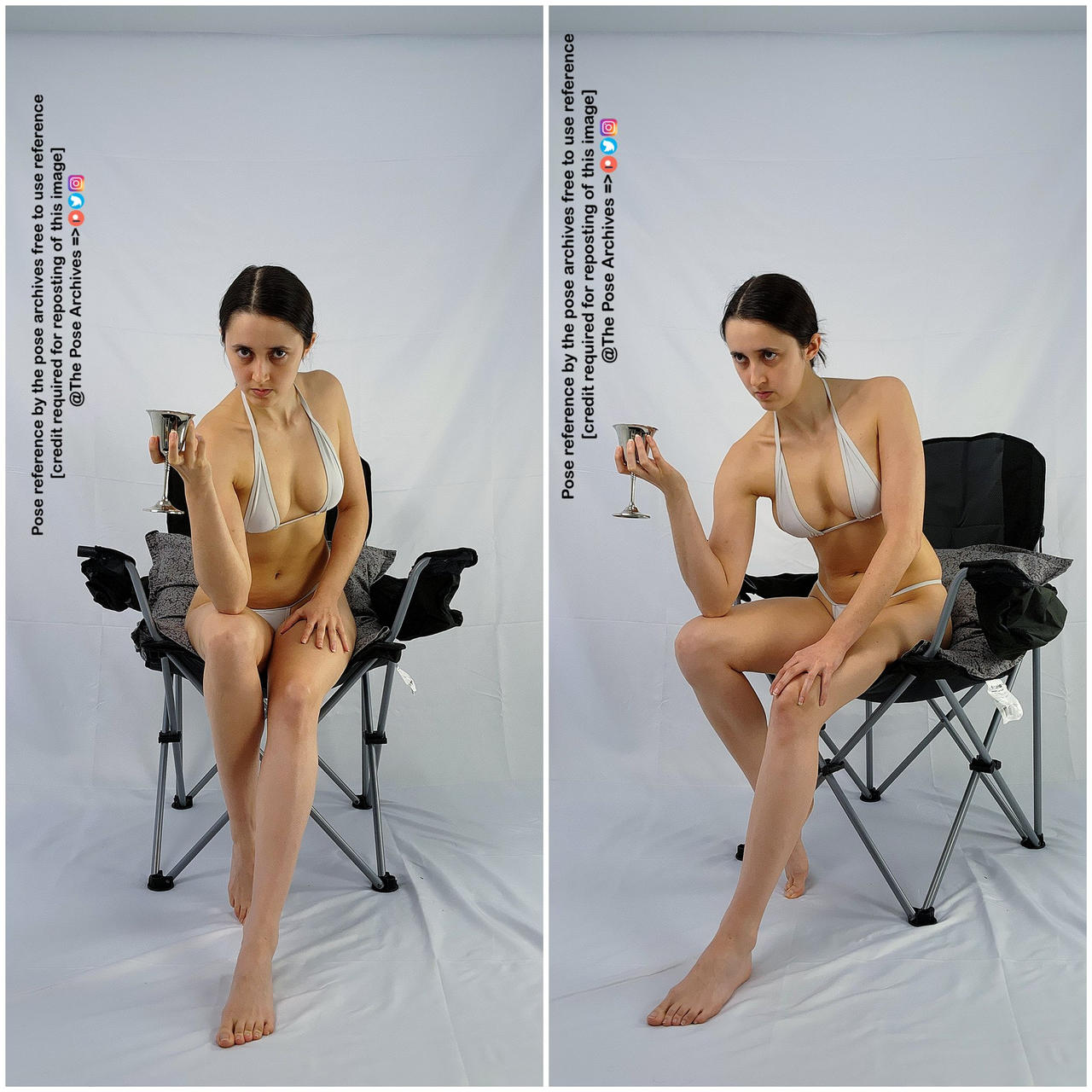 a woman in a white bikini is sitting in a camp chair and holding a small, ornate goblet. she is posing for a reference photo in a photography studio. the image is split in half with the same photo side by side. the woman is making the same face in each photo.  the background is white.