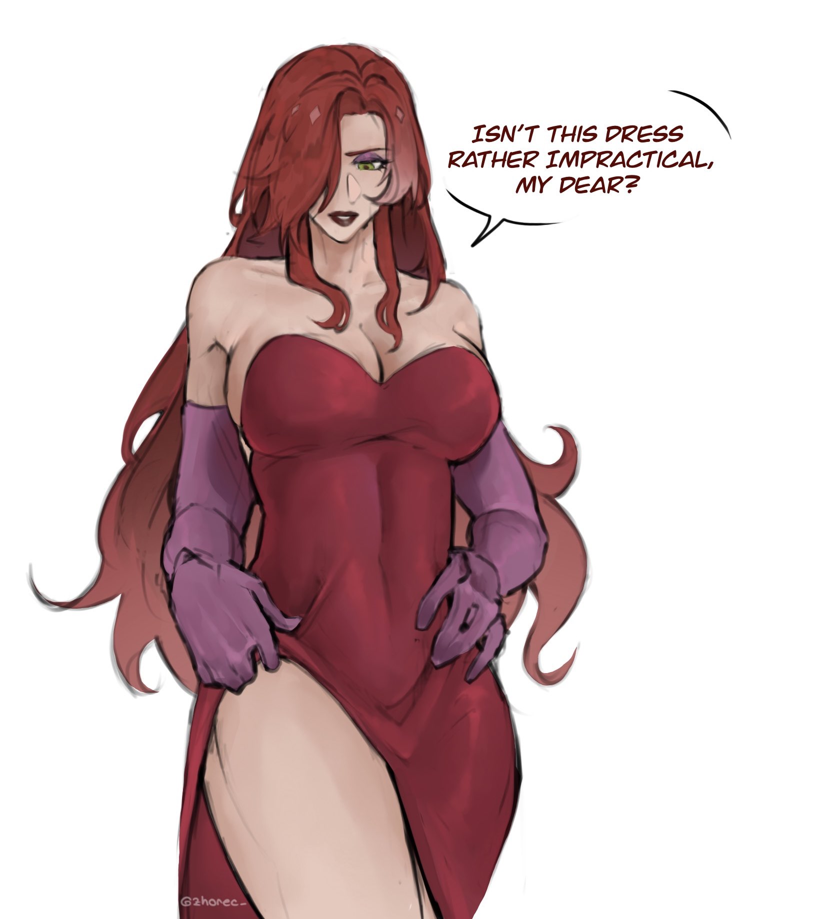 the image is a digital drawing of an animestyle woman with long red hair. she is wearing a revealing red strapless dress and purple gloves.  she is posing confidently, and a speech bubble above her head contains the text: "isn't this dress rather impractical, my dear?" the art style is slightly sketchy and painterly. the overall mood is playful and slightly provocative.