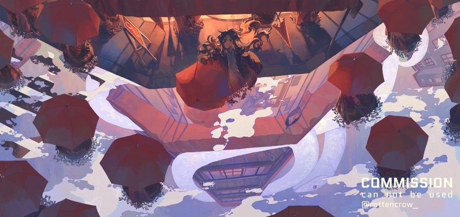 this is a digital illustration of an anime girl standing in a cityscape with numerous red umbrellas flipped upside down. the scene is surreal and dreamlike, with the perspective distorted to create a sense of depth and wonder. the girl's long, flowing hair and the bright colors of the umbrellas and buildings add to the overall visual appeal of the artwork. the sky is filled with fluffy white clouds that are reflected in the puddles on the street. the image is filled with a sense of motion and energy, suggesting that the girl is on a journey of selfdiscovery.