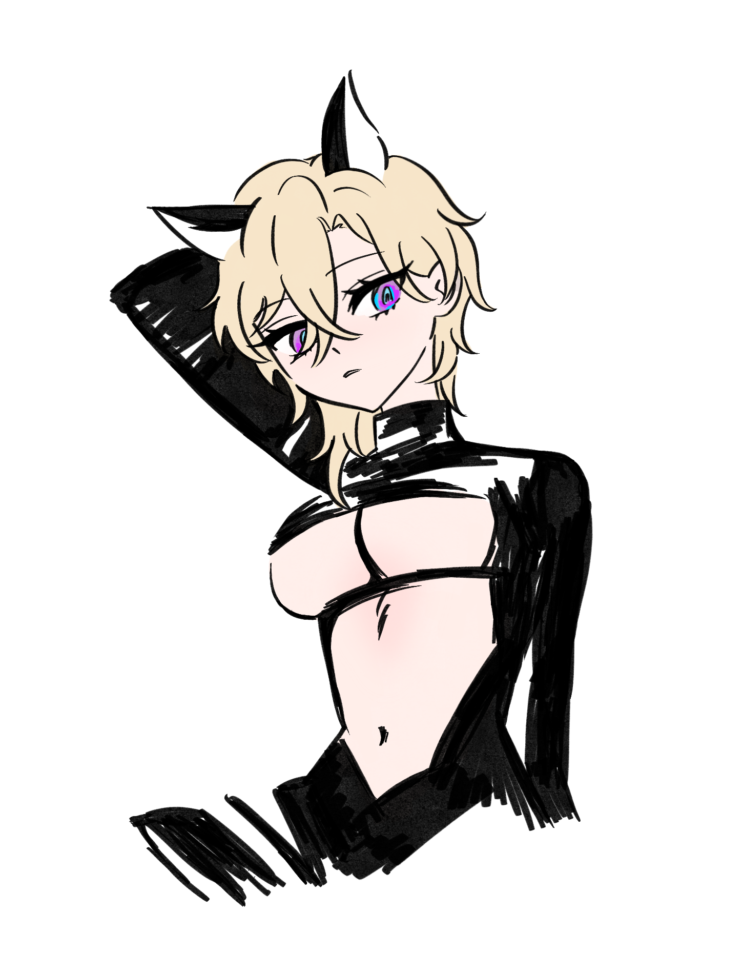 the image is a stylized digital drawing or sketch of an animestyle female character. she has blonde hair, cat ears, and is wearing a revealing black bodysuit with a harnesslike detail across her chest. one eye is purple, and the other is blue (heterochromia). her expression is somewhat serious or aloof. the art style is sketchy and somewhat rough around the edges, characteristic of quick sketches or a specific artistic choice.  the overall feel is suggestive and leans towards a more mature audience.