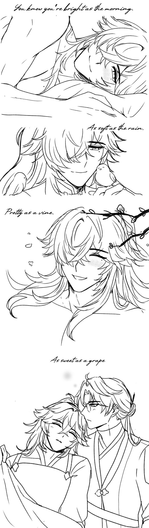 this image is a black and white illustration of two anime boys. the boys are clearly in love, and are expressing their affection through a series of poses. they are both smiling and look happy and content. the art style is very cute, and there are hearts drawn around the boys in the image, which further reinforces the romantic theme.