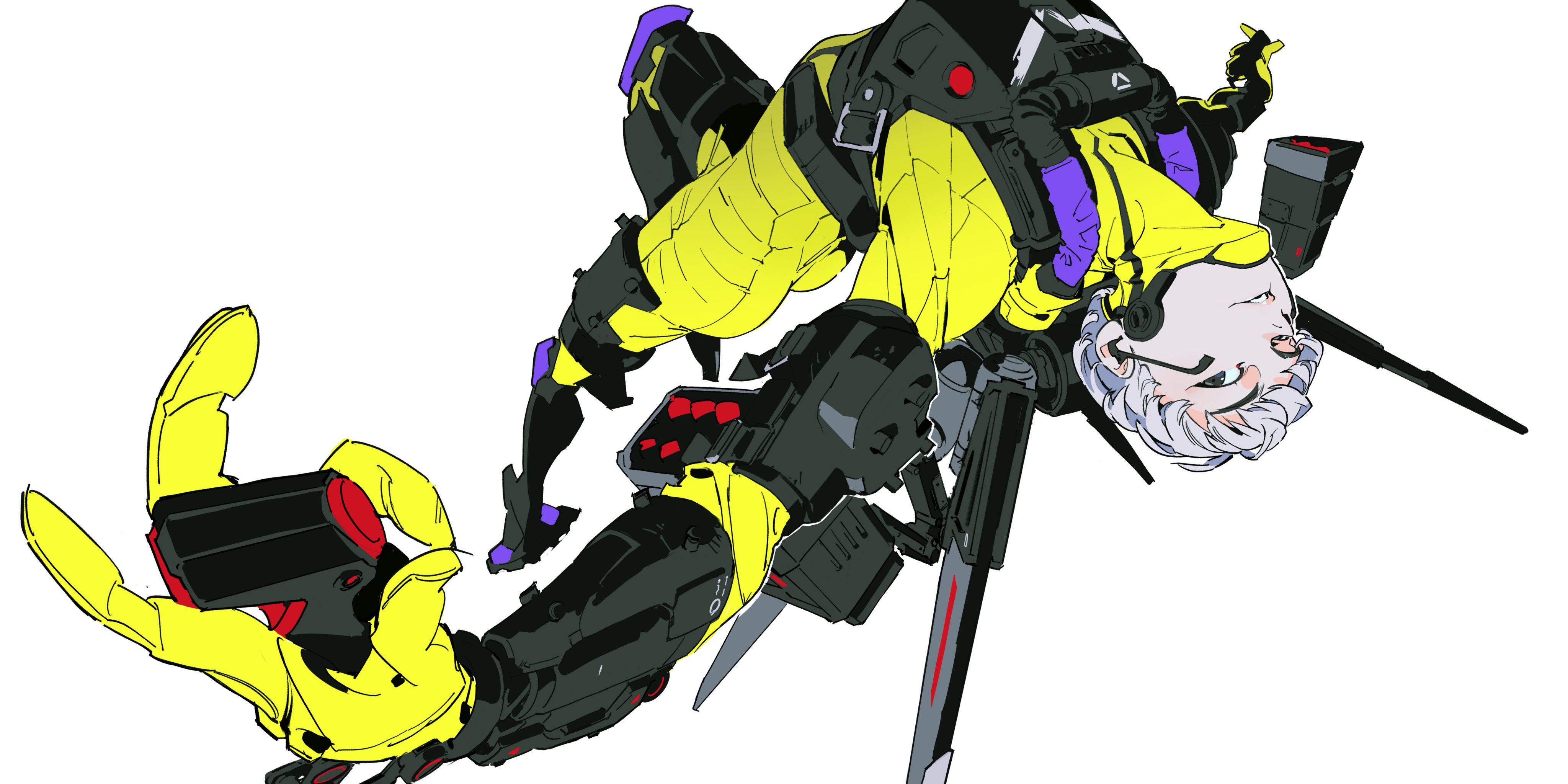 the image is a colorful illustration of an animestyle cyborg girl. she is dressed in a yellow and black suit with purple accents, and she is wielding a pair of weapons. her hair is white, and she is posed in a dynamic and actionpacked way. she is set against a white background, and the colors are vibrant and eyecatching. the image has a futuristic and anime aesthetic.