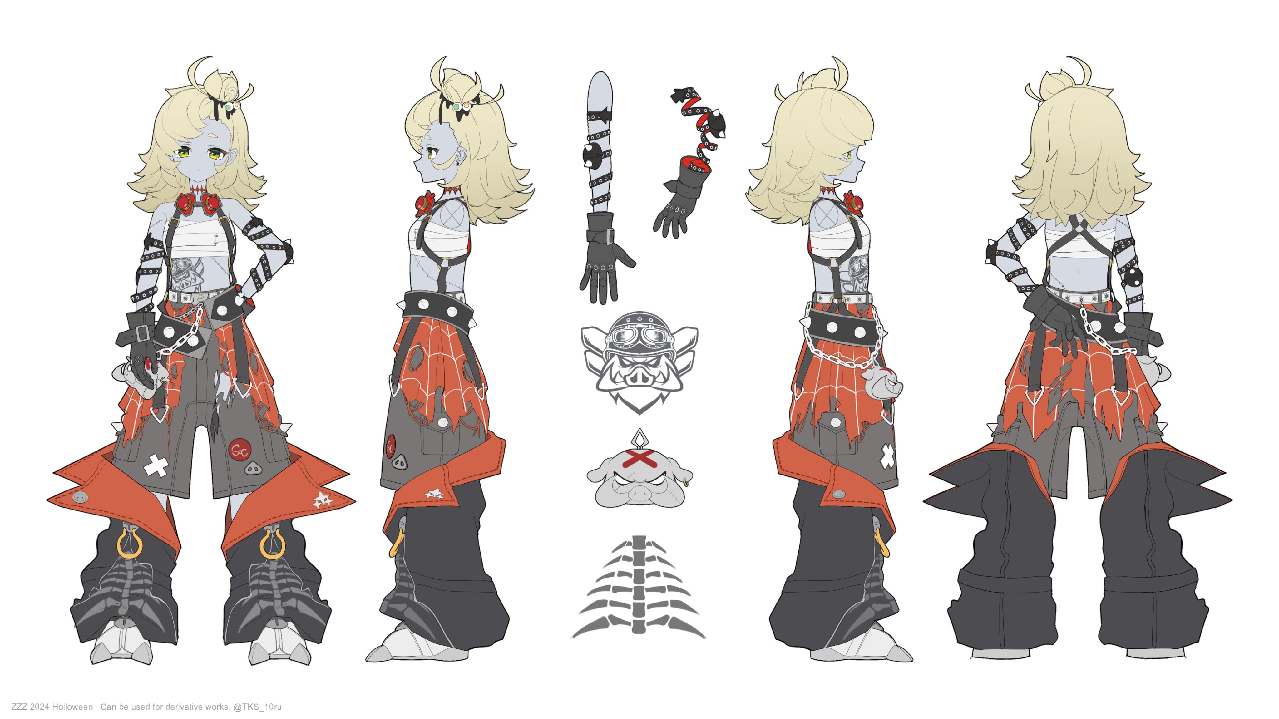 this image showcases a comprehensive character design sheet for a female zombie character, themed around halloween 2024.  the design includes multiple views (front, back, and side profiles) of the character, detailed clothing illustrations, and closeup views of accessories such as gloves and a unique mask design.  the style is punkinspired with a blend of grunge and goth elements.  the character's attire includes ripped and patched clothing, chains, and skulllike accessories, creating a striking visual. the character's design also features a piglike motif that appears in multiple accessories. the design sheet also includes individual elements, and is marked with a note indicating its use for derivative works.