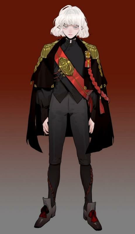 an anime character with white hair wearing a black coat with gold trim, red sash, black pants, and black boots is standing in front of a red background. the character has a serious expression on his face and is looking forward.