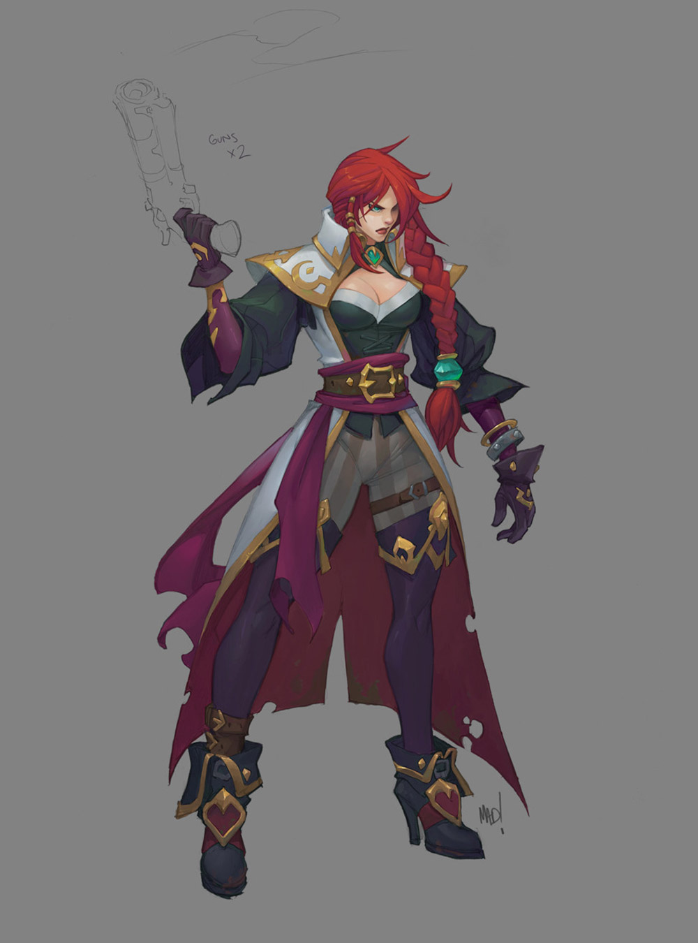 a digital illustration of a female character with red hair, wearing a pirate outfit and holding a gun. she has a determined expression on her face and is standing with one hand on her hip, her other hand holding a gun. the character is drawn in a sketch style with a grey background.